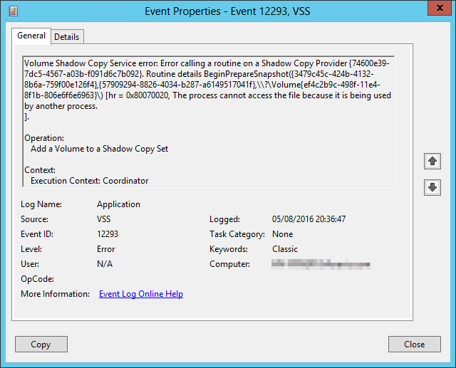 'Pulseway' installed within the VM causes VSS failures